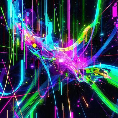 The primary subject of the image is a vibrant and colorful digital artwork featuring a mix of bright colors and neon hues. The setting is a dark background, which contrasts with the artwork's vivid colors. The visual style is a combination of digital art and illustration, creating a unique and eye-catching pattern. The colors and mood of the image are energetic, lively, and captivating, making it an engaging and visually appealing piece of art.
